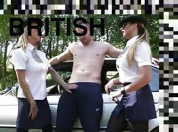 Uniformed british cops jerking sub outdoors