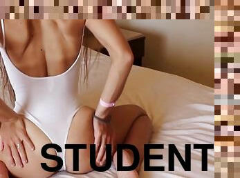 Young student in a swimsuit jerking off her pussy for the teacher