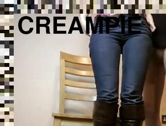 Nerdy girl in cowboy boots gets creampie