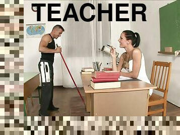 Thin teacher makes out with the janitor before fucking like a whore