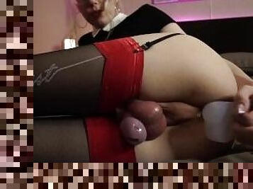 blonde sissy fucks herself with a dildo in a chastity belt