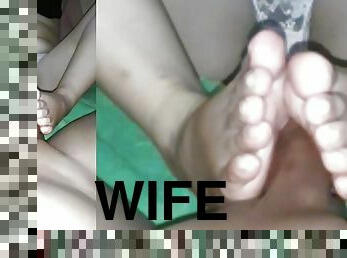 my wife footjob my dick with hijab