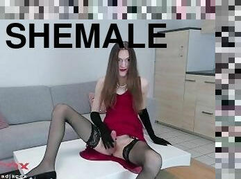 horny shemale glamour red dress black gloves bick dick cumshot