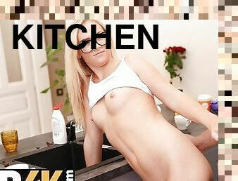 STUCK4K. Lucky stud fucks female friends tight pussy in the kitchen