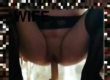 Lingerie wearing wife fucking dildo