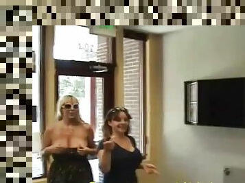 Big breasted milf babes flash tits in public