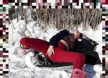 Snowy Frozen Pond Outdoor Clothed MILF Masturbation-- Beautiful Orgasm, Visible Breath