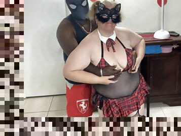 Black Guy Fucked Big Ass Horny Sexy Hot Blonde SSBBW Milf Mom Doggystyle In Pantyhose &amp; School Uniform (Creampie Pussy) 