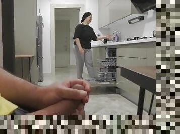 Stepmom caught me jerking off while watching her big ass in the Kitchen.