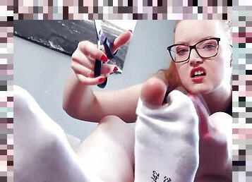 Ripping up socks on her sexy BIG feet