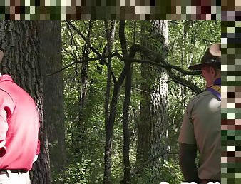 Hunk scout bareback fucks twinks asshole outdoors in the woods