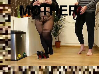 Fat sexy mother-in-law in pantyhose gets stepsons hot cum in the kitchen