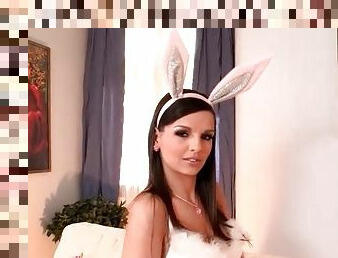 Fuzzy bunny lingerie and gloves on Eve Angel