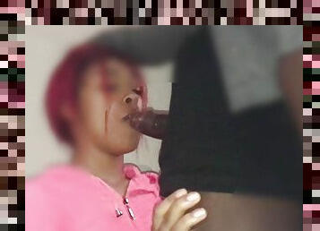 Redhead 18 year old ebony babe uses her throat on my cock. 