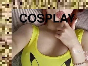 Horny Redhead in PIkachu Outfit teasing her body