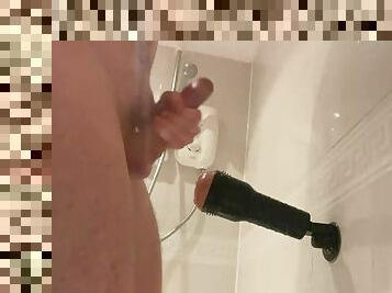 Fucking fleshlight in shower before masturbating lubed big cock to cumshot in bath, hot straight guy