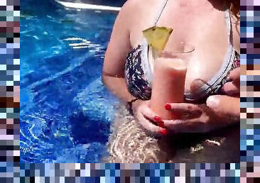 Big tits whore gives a perfect handjob in the hotel pool - risky :P