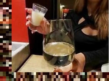 Sexy Girl public collect 10 HUGE LOAD of CUM to drink  in a restaurant with her girlfriend
