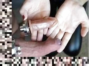 Leather Stepsister humilates slave with Inverted Chastity Cage and Fake Dick