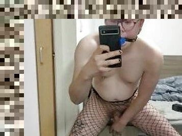 Twink fucking themself wearing fishnets