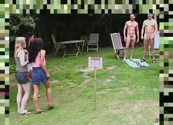 Horny sluts and hung guys have an orgy in backyard