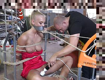Submissive blonde with nice tits gets clamped and roughly fucked while restrained