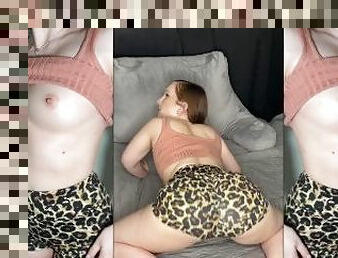 Split screen JOI with dildo BJ in sexy gym outfit leopard yoga shorts and crop top