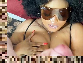 Beautiful black afro ebony woman with big boobs sucks big white cock and gets cum