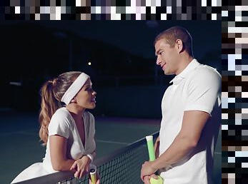 Horny hottie Megan Rain gets it good from a hung tennis pro