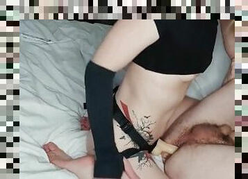 A girl having complexes because of small tits, likes to fuck her boyfriend in the ass