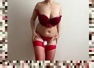 Hot mom striptease in red lingerie