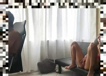 my stepbrother doing university homework I try to seduce and I masturbate on the couch