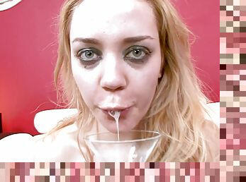 Throated blonde drinks sperm after the guys tear her tiny holes apart
