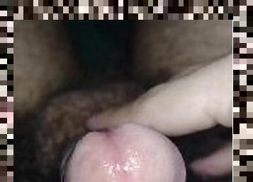 Pressing my hairy cock for cum to drip
