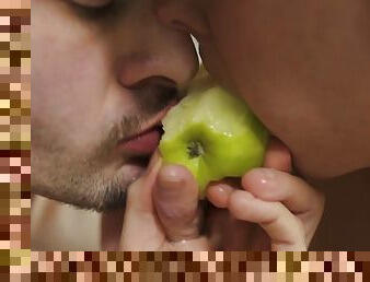 Horny couple have fun with some fruits