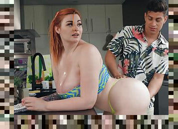Big booty redhead handles pair of dicks in elegant home threesome