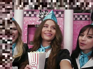 Cute Teens In Uniforms Aria Valencia, Nicole Aria And Riley Reign Share A Customer's Cock - POV foursome cosplay