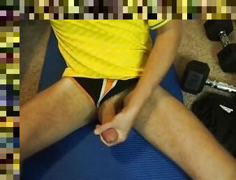 Hung twink horny while working out busts massive nut