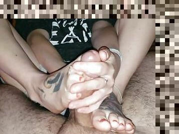 Fast handjob footjob explosion