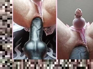 Dual view xxl dog cock knot dildo riding while crossdressed as a sissy