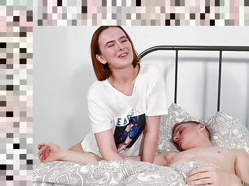 Sweet redhead works her step brother's dick first thing in the morning