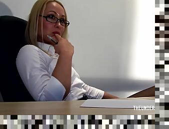 Secretary in stockings and a miniskirt looks amazing