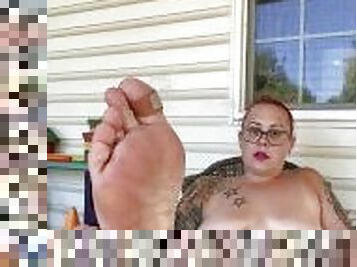 BBW stepmom MILF naked smoking fetish 420 joint dirty bare feet close up soles your POV