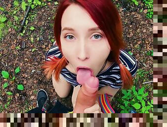 Cute redhead kneels to swallow in scenes of soft outdoor POV