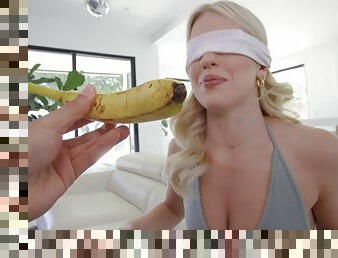 Blind folded blonde babe fitted with a dick that's thick enough to gag her