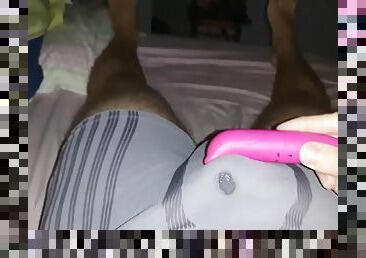 Solo masturbation with two vibrators at the same time, cumming through underwear
