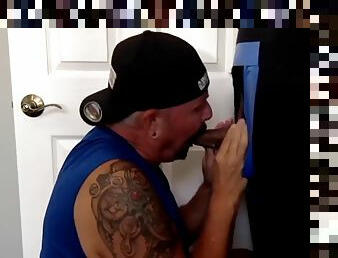 Gloryhole tattooed DILF sucks cock 4 load in amateur BJ video