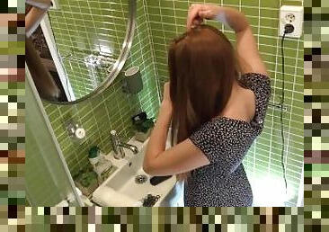 Cutest Redhead Petite Girlfriend does a Hairdo in the Bathroom No Panties No Bra in a Sexy Sundress