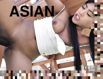 asiatisk, rumpe, store-pupper, cumshot, stor-pikk, interracial, tenåring, hardcore, pigtail, cum