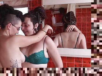 Hairy hippie lesbians pleasure each other in the bathroom